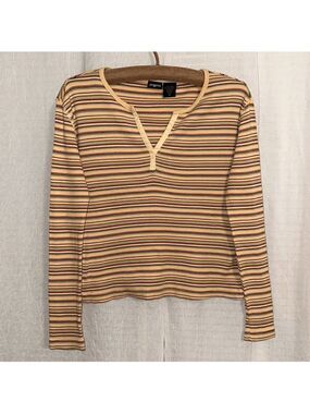tangents S Cotton Gold Striped Ribbed Front Snap V-Neck Long Sleeve Thermal
